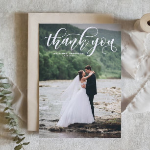 White Lovely Modern Calligraphy Photo Wedding Thank You Card