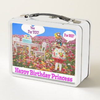 white lunch box.  Happy Birthday Princess.  red pa Metal Lunch Box