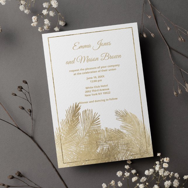 White luxury gold palm tree tropical Wedding Invitation (White luxury gold palm tree tropical Wedding )