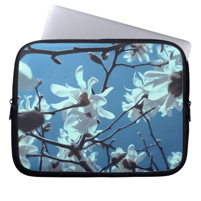 White Magnolia Bloom Blue Sky Laptop Sleeve (Front)