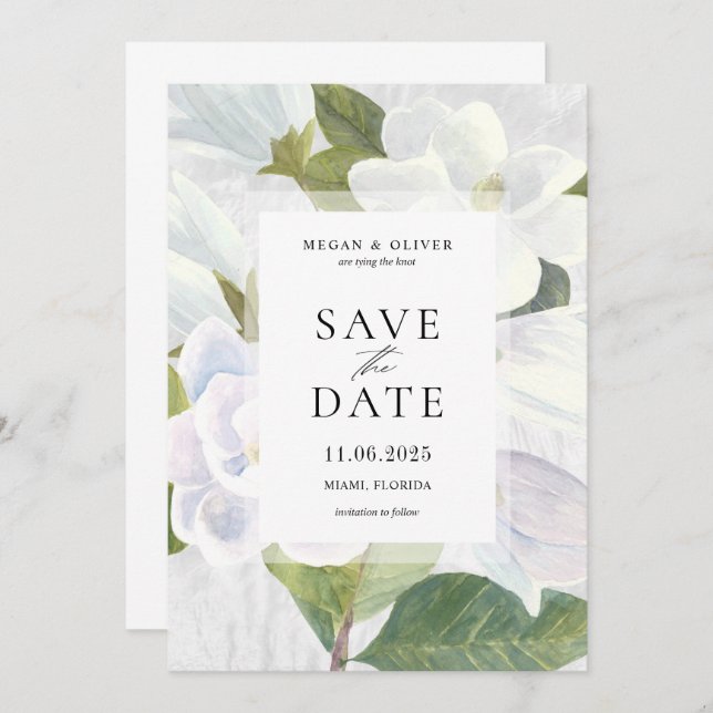 White Magnolia Blooms Wedding Save the Date Card (Front/Back)