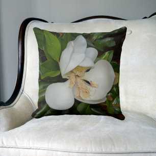 White Magnolia Blossom Floral Green and White Cushion