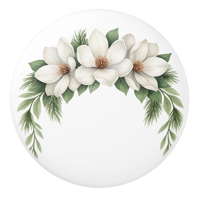 White Magnolia Blossom Floral Greenery Ceramic Knob (Front)