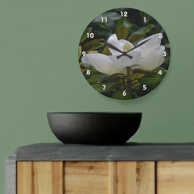 White Magnolia Blossom on Dark Green Photographic Large Clock (Creator Uploaded)