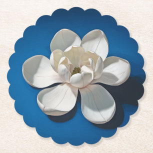 White Magnolia Blue Scalloped Round Coaster