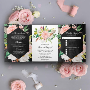 White Magnolia Blush Pink Floral Black Wedding Tri-Fold Invitation