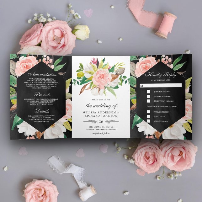White Magnolia Blush Pink Floral Black Wedding Tri-Fold Invitation (Creator Uploaded)