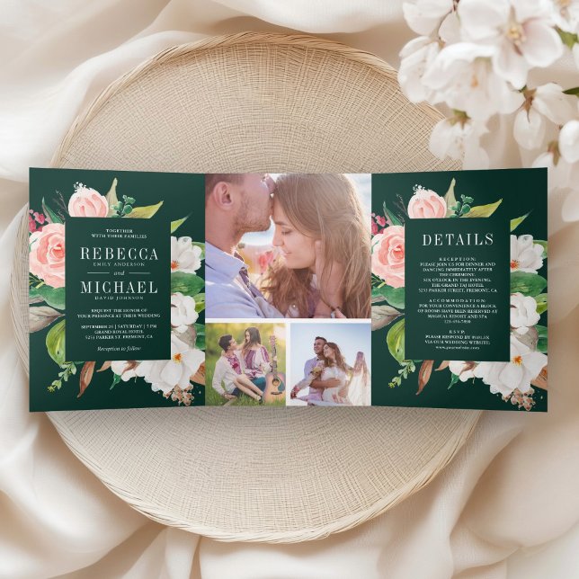 White Magnolia Blush Pink Floral Emerald Wedding Tri-Fold Invitation (Creator Uploaded)