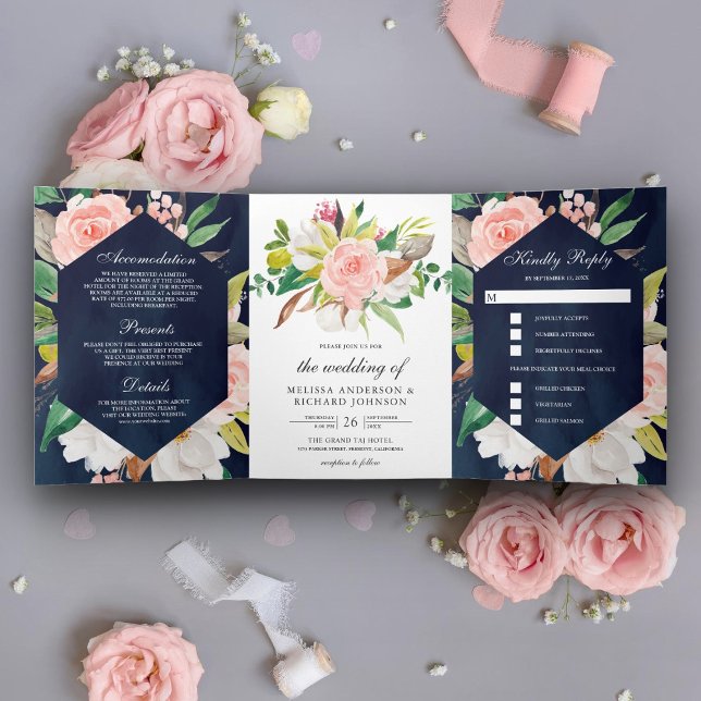 White Magnolia Blush Pink Floral Navy Blue Wedding Tri-Fold Invitation (Creator Uploaded)