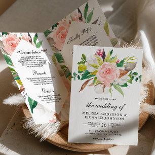 White Magnolia Blush Pink Floral QR Code Wedding Invitation