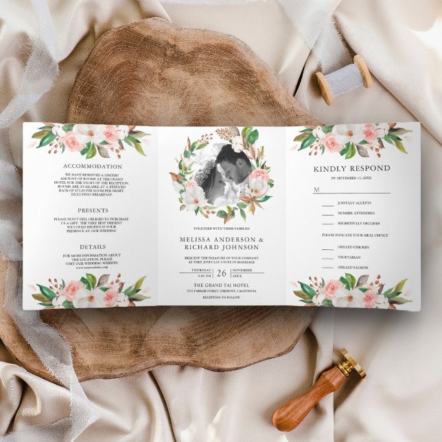 White Magnolia Blush Pink Floral Wreath Wedding Tri-Fold Invitation (Creator Uploaded)