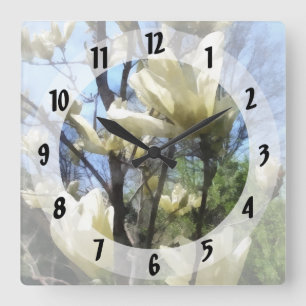 White Magnolia Branches Square Wall Clock