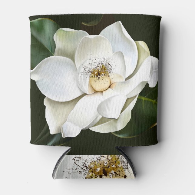 White Magnolia Closeup Green Background Can Cooler (Front)