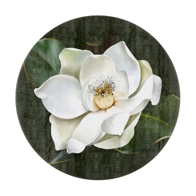White Magnolia Closeup Green Background Cutting Board (Front)