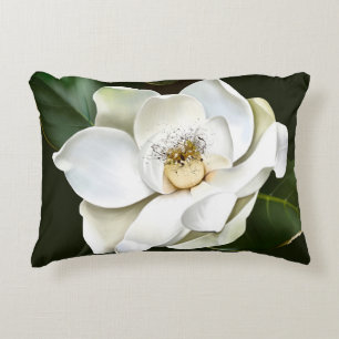 White Magnolia Closeup Green Background Decorative Cushion
