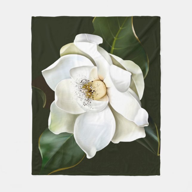 White Magnolia Closeup Green Background Fleece Blanket (Front)