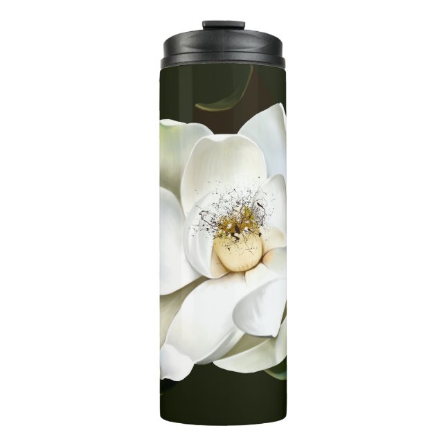 White Magnolia Closeup Green Background Thermal Tumbler (Front)