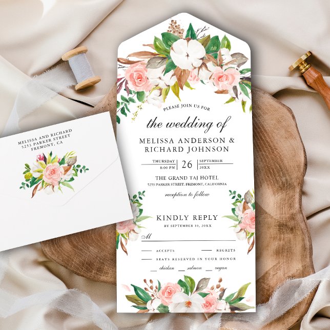 White Magnolia Cotton Blush Pink Floral Wedding All In One Invitation (Creator Uploaded)