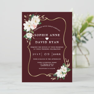 White Magnolia Deep Burgundy All In One Wedding   Invitation