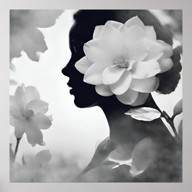 White Magnolia Dreamy Girl Modern Black & White Poster (Front)