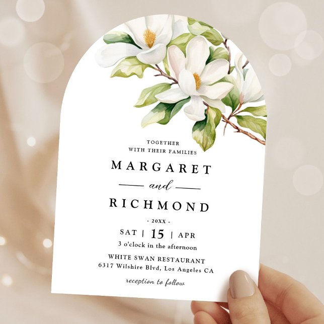 White Magnolia Elegant Floral Arch Wedding Invitation (Creator Uploaded)