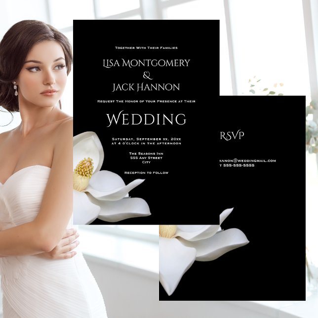 White Magnolia Elegant Floral on Black Wedding Invitation (White Magnolia Elegant Floral on Black Wedding Invitation With RSVP)