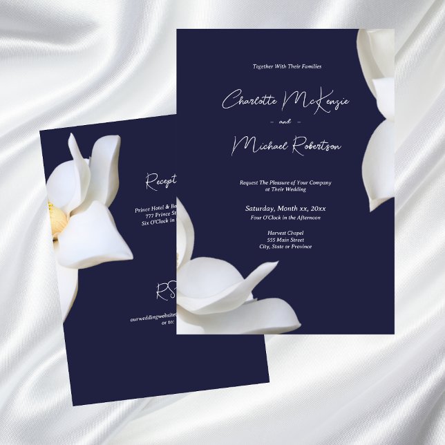 White Magnolia Elegant Floral on Navy Wedding Invitation (White Magnolia Elegant Floral on Navy Wedding Invitation)