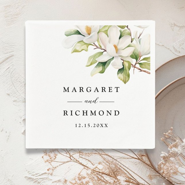 White Magnolia Elegant Watercolor Floral Wedding Napkin (Creator Uploaded)