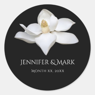 White Magnolia Elegant Wedding Black and White Classic Round Sticker