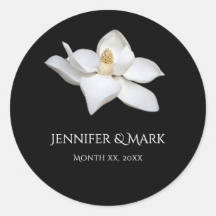 White Magnolia Elegant Wedding Black and White Classic Round Sticker
