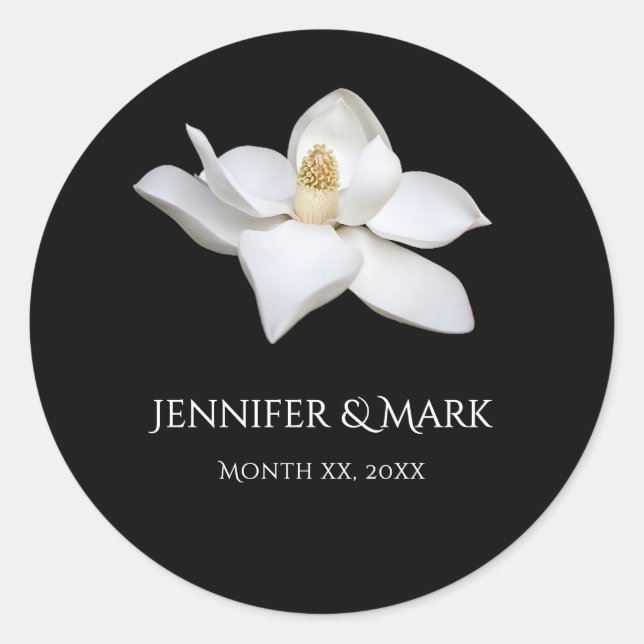 White Magnolia Elegant Wedding Black and White Classic Round Sticker (Front)
