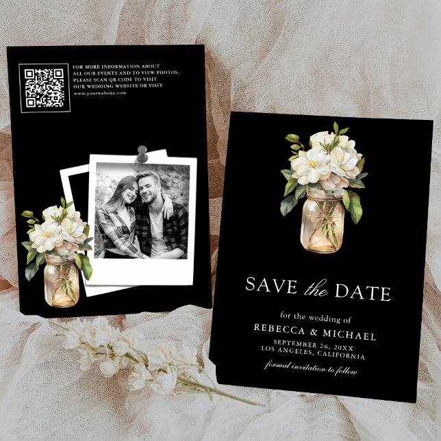 White Magnolia Floral Black QR Code Wedding Photo Save The Date (Creator Uploaded)