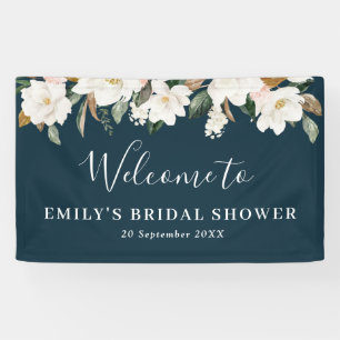 white magnolia floral bridal shower welcome banner