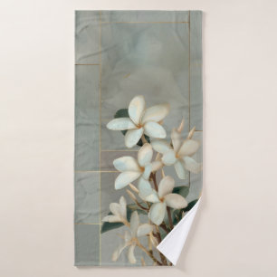 White Magnolia Floral Gold Line Marble Bath Towel Set