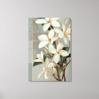 White Magnolia Floral Gold Line Marble Canvas Print