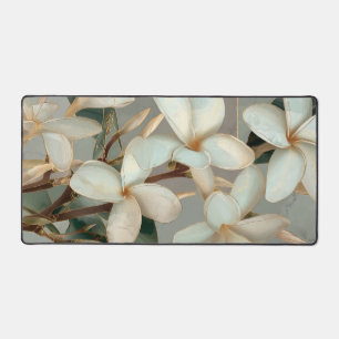 White Magnolia Floral Gold Line Marble Desk Mat
