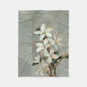 White Magnolia Floral Gold Line Marble Fleece Blanket