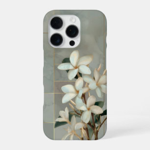 White Magnolia Floral Gold Line Marble iPhone 16 Pro Case
