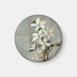 White Magnolia Floral Gold Line Marble Magnet
