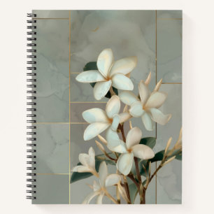 White Magnolia Floral Gold Line Marble Notebook