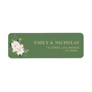white magnolia floral green address label