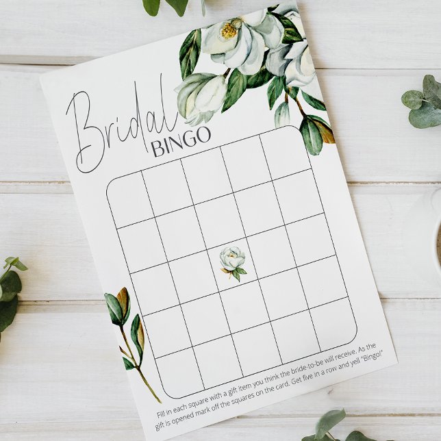 White Magnolia Floral Rustic Bridal Shower Bingo (Creator Uploaded)