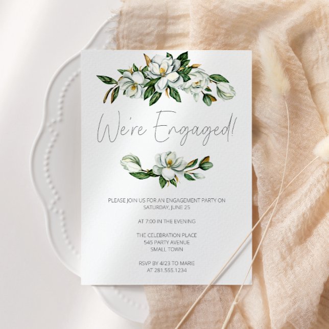 White Magnolia Floral Rustic Engagement Invitation (Creator Uploaded)