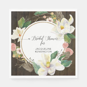 White Magnolia Floral Watercolor Blush Rustic Wood Napkin