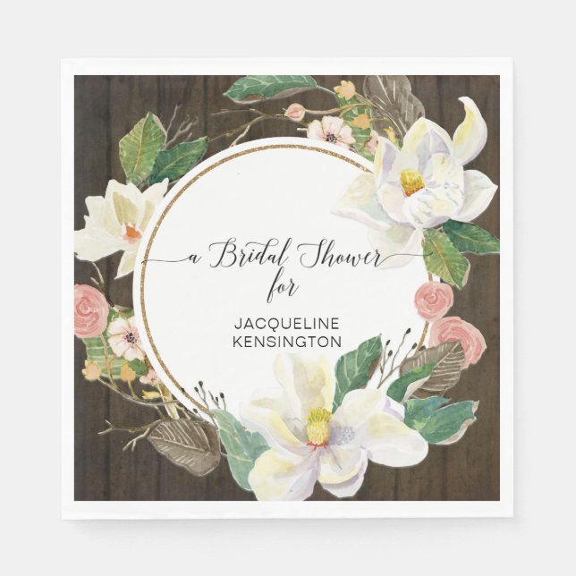 White Magnolia Floral Watercolor Blush Rustic Wood Napkin (Front)