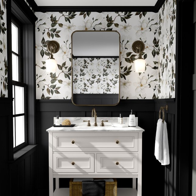 White Magnolia Floral Watercolor Botanical Pattern Wallpaper (White Magnolia Floral Watercolor Botanical Pattern Wallpaper (Bathroom))