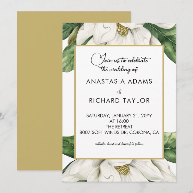 White Magnolia Floral Wedding Invitation (Front/Back)