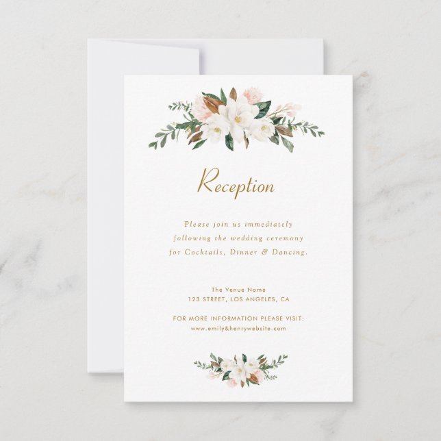 white magnolia floral wedding reception card (Front)