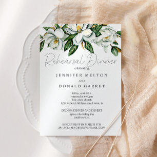 White Magnolia Floral Wedding Rehearsal Dinner Invitation