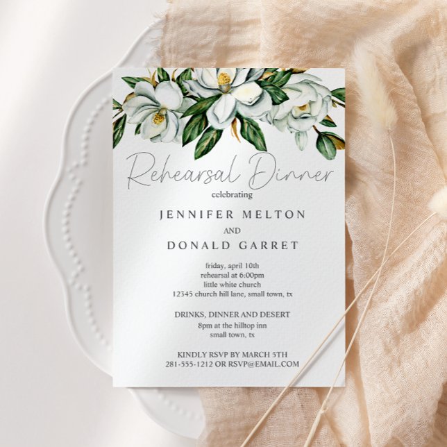 White Magnolia Floral Wedding Rehearsal Dinner Invitation (Creator Uploaded)